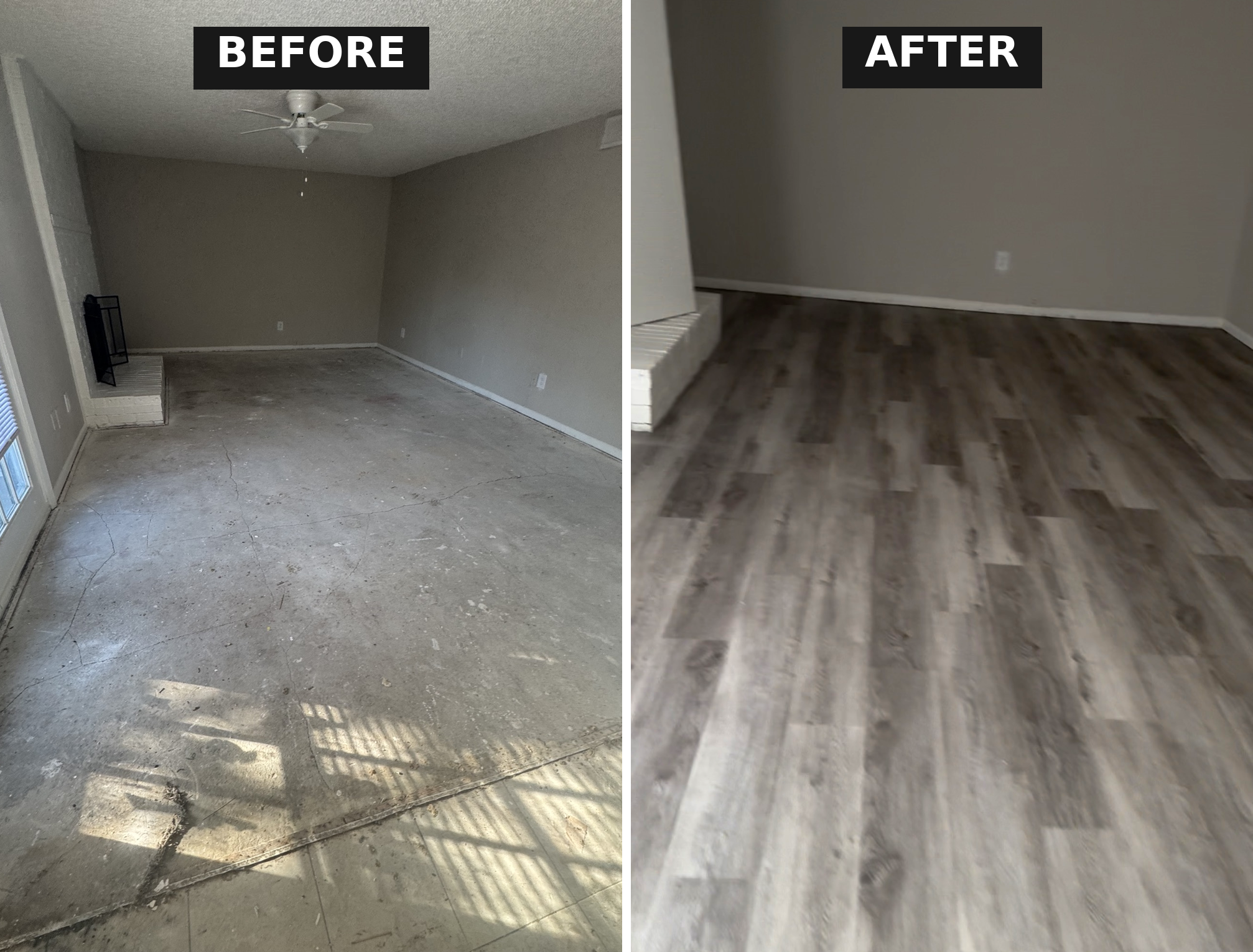 Living room before and after LVP installation